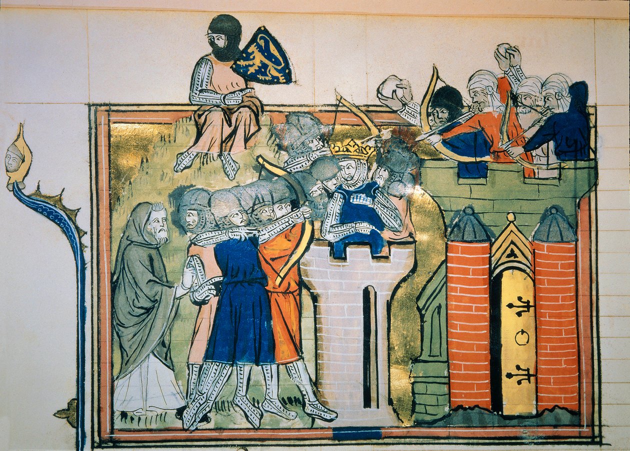 Prima crociata: Goffredo di Buglione (1058-1100) in una torre rotonda attaccò Gerusalemme nel 1099. Miniatura da "Roman De Godefroy De Bouillon et de Saladin" da Unknown artist