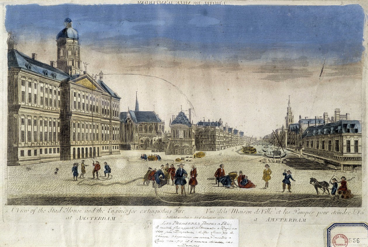 Prime pompe antincendio davanti al Municipio di Amsterdam - Veduta ottica da Unknown artist