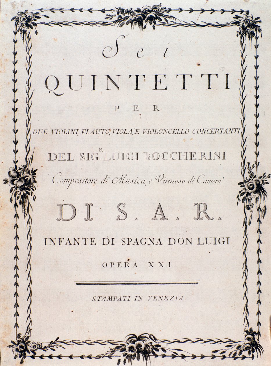 Prima pagina della partitura musicale di "Sei quintetti per due violini, flauto, viola e violoncello" di Luigi Boccherini da Unknown artist