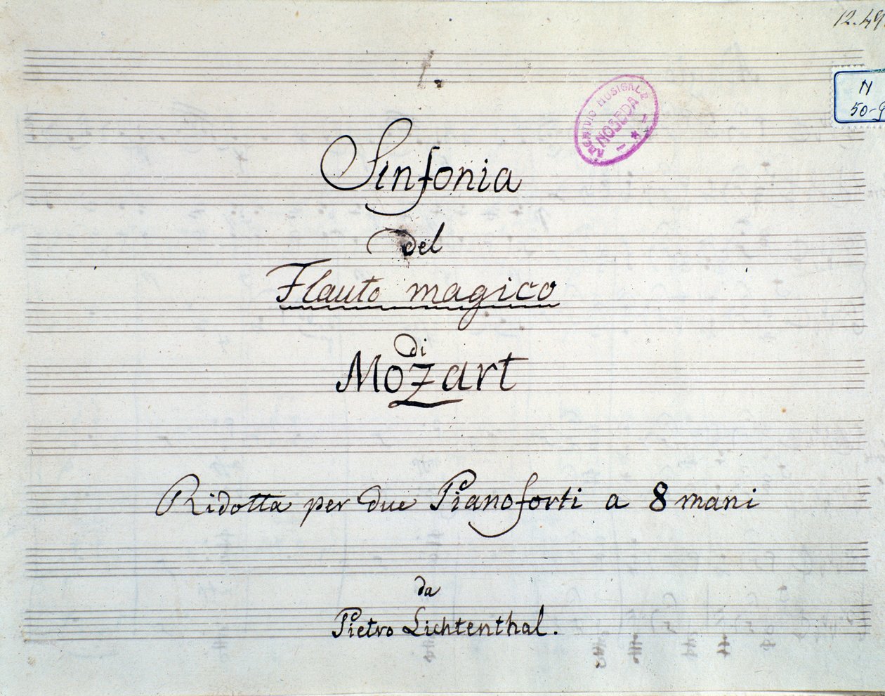 Prima pagina della sinfonia ridotta per due pianoforti e otto mani di Die Zauberflote, opera di Mozart, versione Lichtenthal (XIX secolo) da Unknown artist