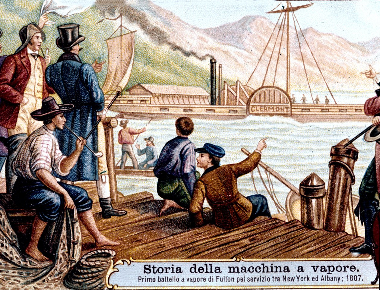 Primo viaggio del battello a vapore "Clermont" di Robert Fulton (1765-1815), ingegnere americano sul fiume Hudson, USA da Unknown artist
