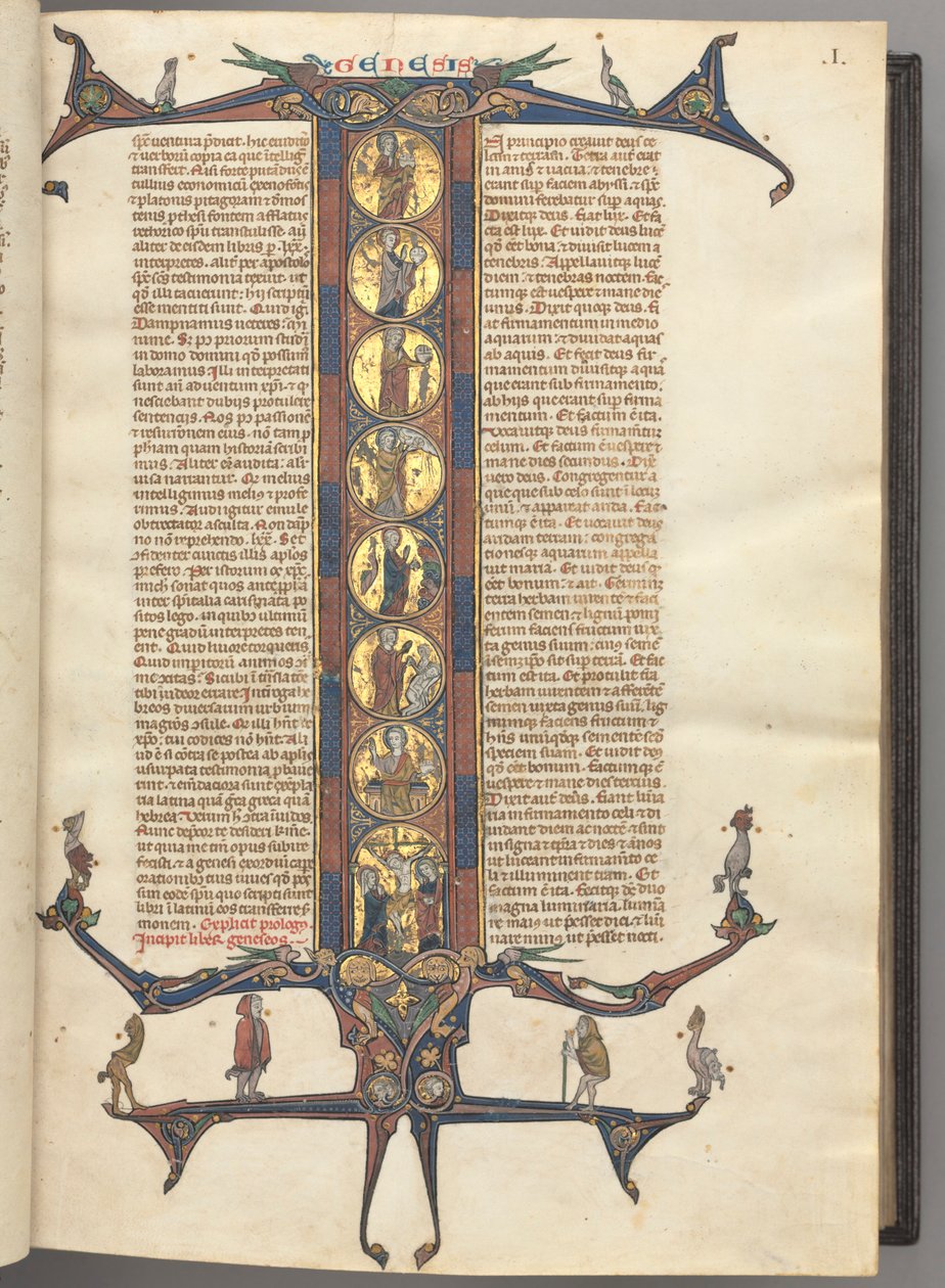 Fol. 1r, Genesi, con iniziale istoriata a figura intera I, raffigurante la Creazione e la Crocifissione, il tutto su fondo oro brunito, con cornici rosa e blu panneggiate e prolungamenti cuspidati di drago e fogliame in alto e in basso, sui quali sono appo da Unknown artist