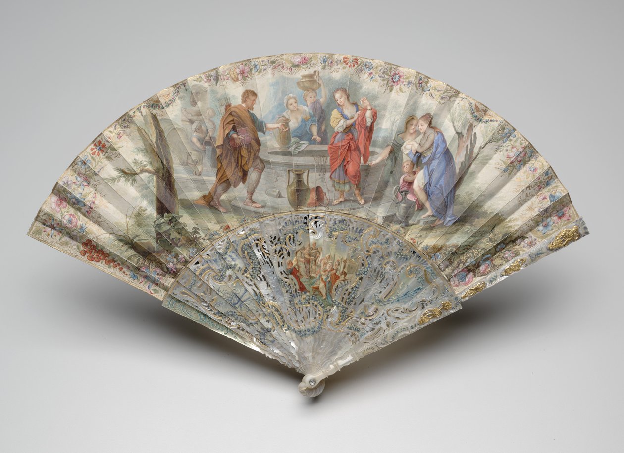 Ventaglio pieghevole con Rebecca ed Eliezer al pozzo, c.1740s da Unknown artist