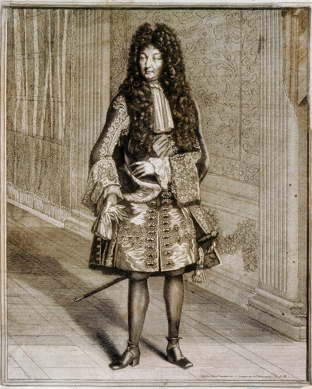 Ritratto a piedi di Re Luigi XIV, noto come il Re Sole (1638-1715). Incisione del XVIII secolo. Biblioteca Nazionale di Madrid. da Unknown artist