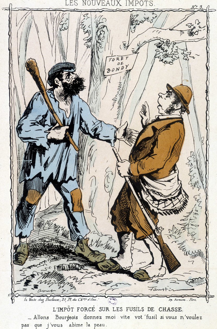 Tassa forzata sui fucili: "Andiamo borghese, dammi subito il tuo fucile se non vuoi che ti rovini la pelle" - caricatura sulle "nuove tasse" da Unknown artist