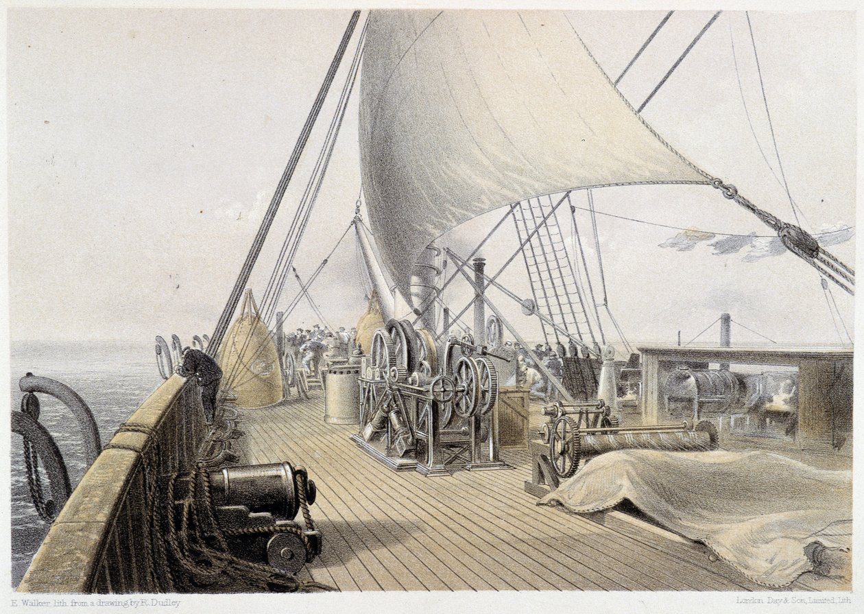 Ponte di prua sgomberato per il tentativo finale di aggancio, 11 agosto 1858 - in “The Atlantic telegraph” di W. H. Russel, ca. 1860 da Unknown artist