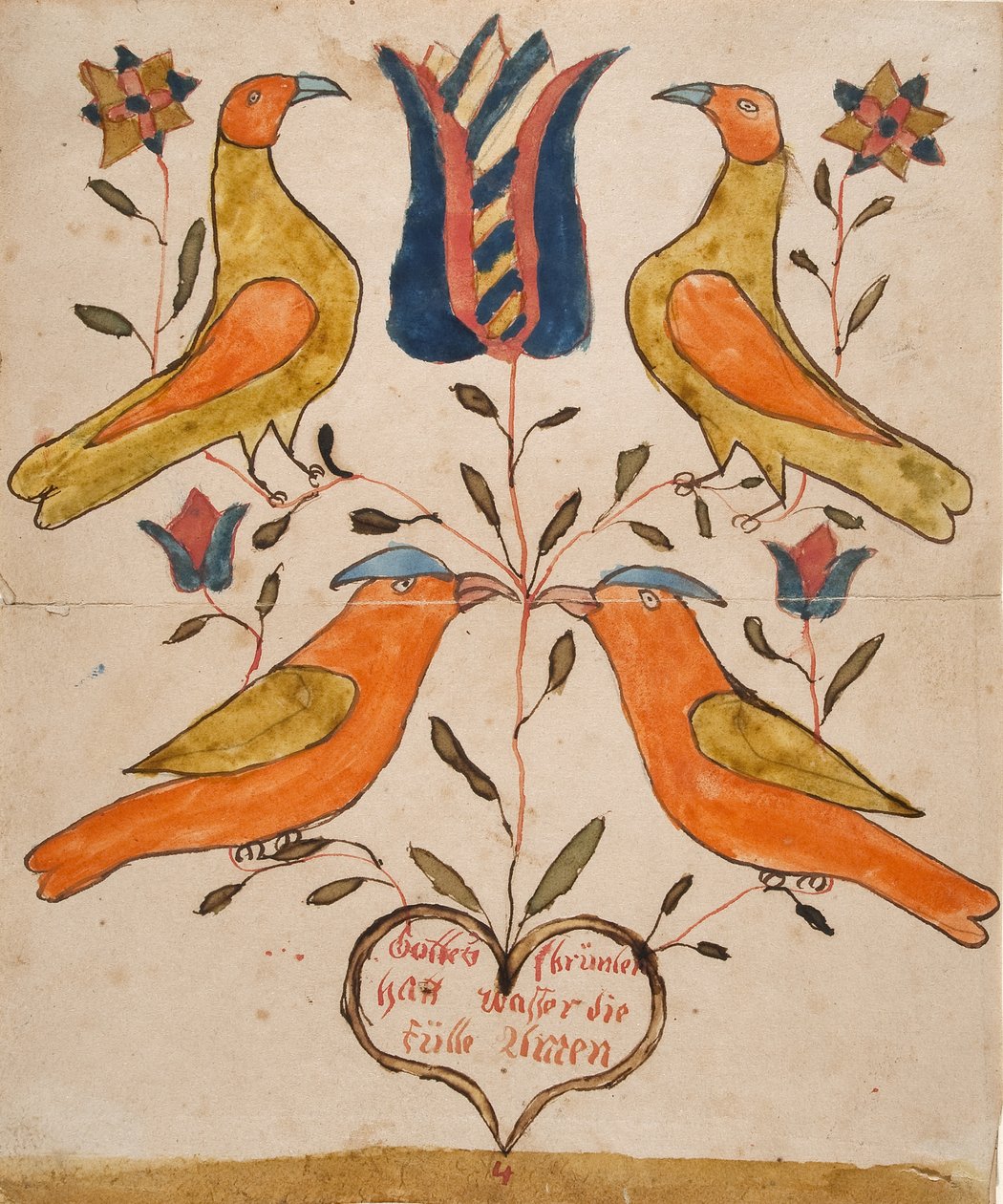 Quattro uccelli, tulipano e cuore da Unknown artist
