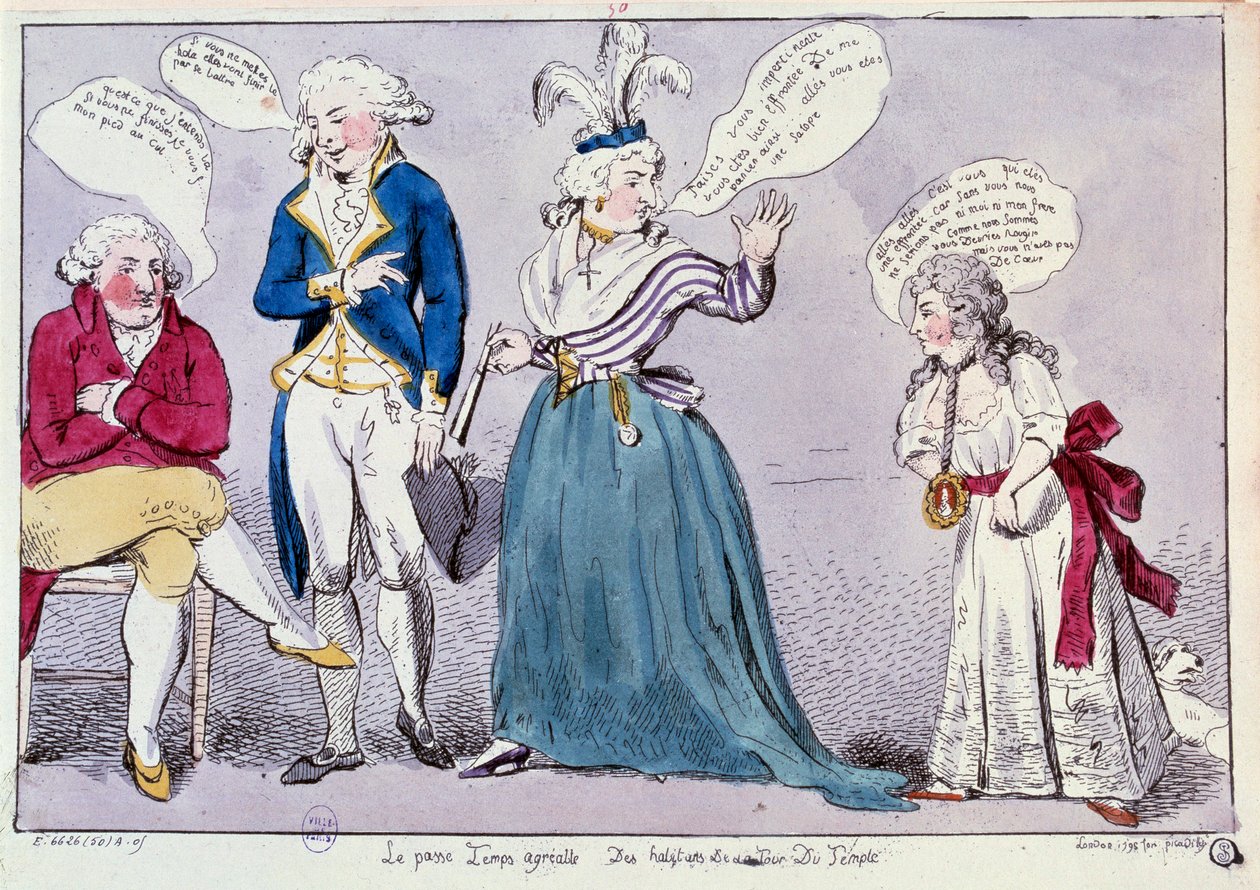 Rivoluzione Francese: vignetta contro la famiglia della regina Maria Antonietta (1755-1793) e Luigi XVI rinchiusi nella prigione del Tempio. La regina e la sorella del re, Madame Elisabetta, discutono sotto lo sguardo del re. Le loro parole sono scritte in da Unknown artist
