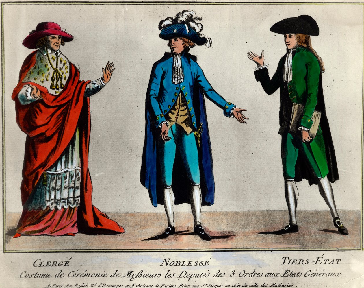 Rivoluzione francese: rappresentazione dei deputati dei tre ordini negli Stati Generali in costume cerimoniale: il clero, la nobiltà e il terzo stato. Stampa della fine del XVIII secolo. Collezione privata da Unknown artist
