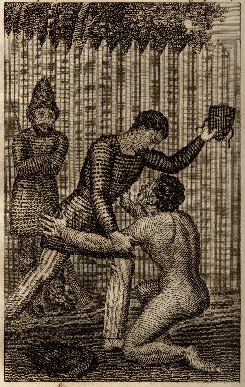 Venerdì è gettato tra le braccia di Robinson Crusoe, incisione inserita in "Le avventure di Robinson Crusoe" di Daniel Defoe da Unknown artist