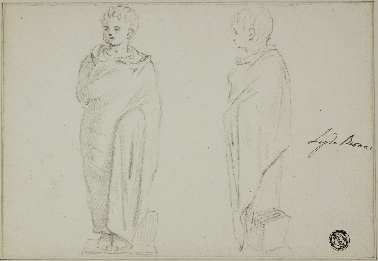 Vedute frontali e laterali di statua di ragazzo vestito con toga da Unknown artist