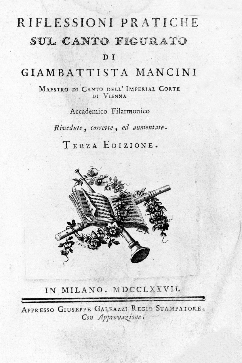 Frontespizio di "Pensieri e riflessioni pratiche sul canto figurato" di Giovanni Battista Mancini (1716 - 1800). 1777 da Unknown artist