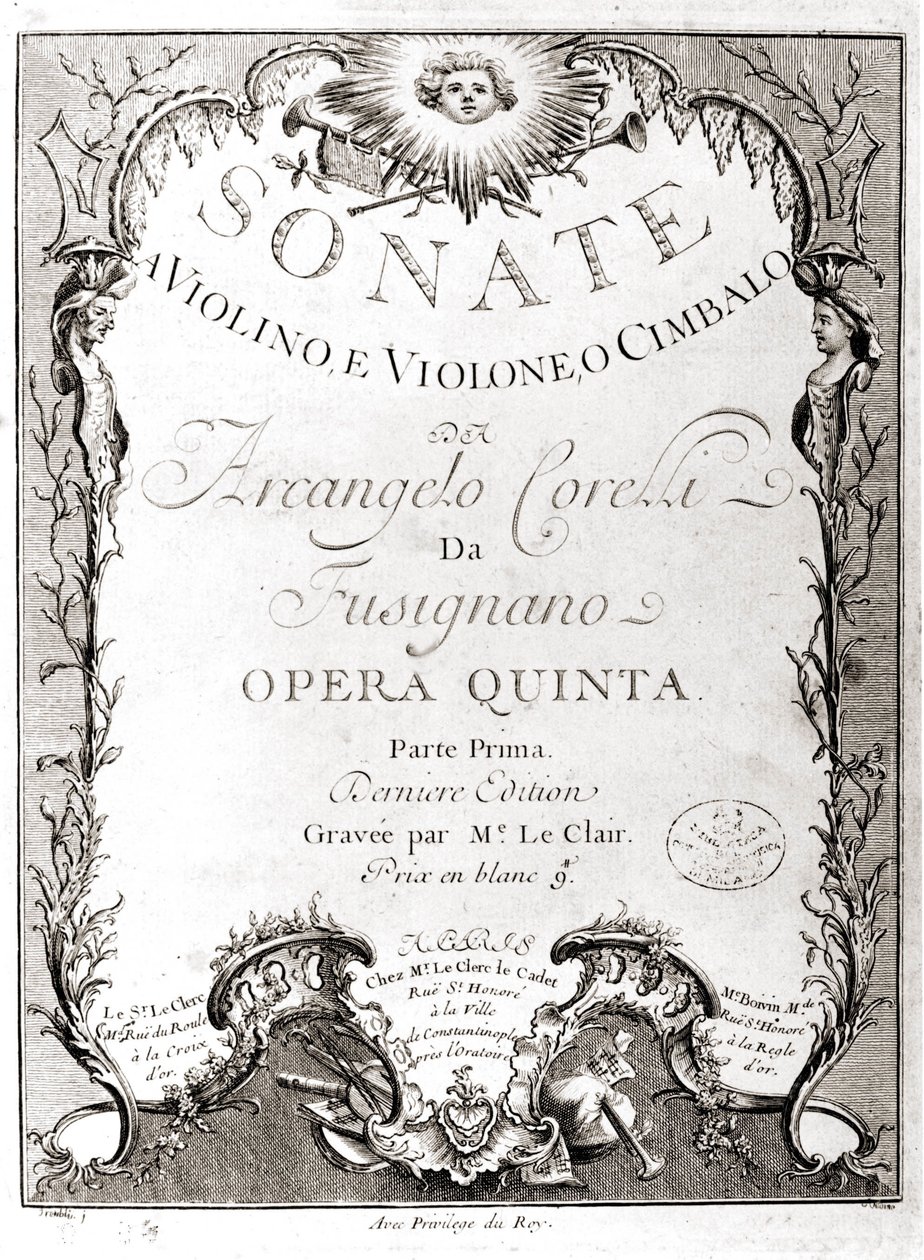 Frontespizio di 12 sonate per violino, basso e clavicembalo di Arcangelo Corelli (1653-1713). Versione francese da Unknown artist