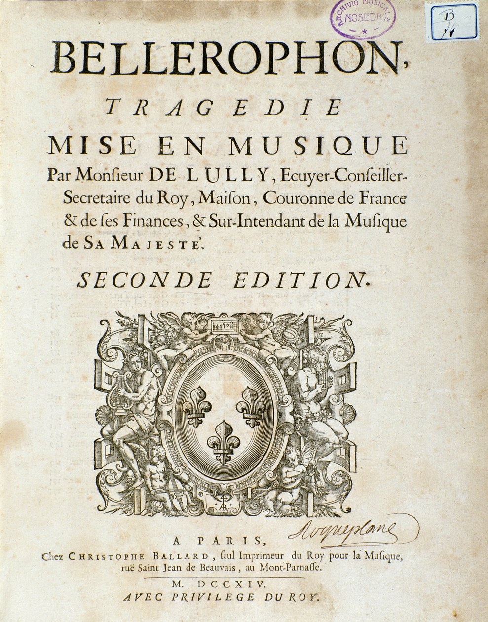 Frontespizio di “Bellerophon” tragedia lirica in cinque atti con un prologo di Jean Baptiste Lully (Giovanni Battista Lulli) (1632-1687). 1714 da Unknown artist