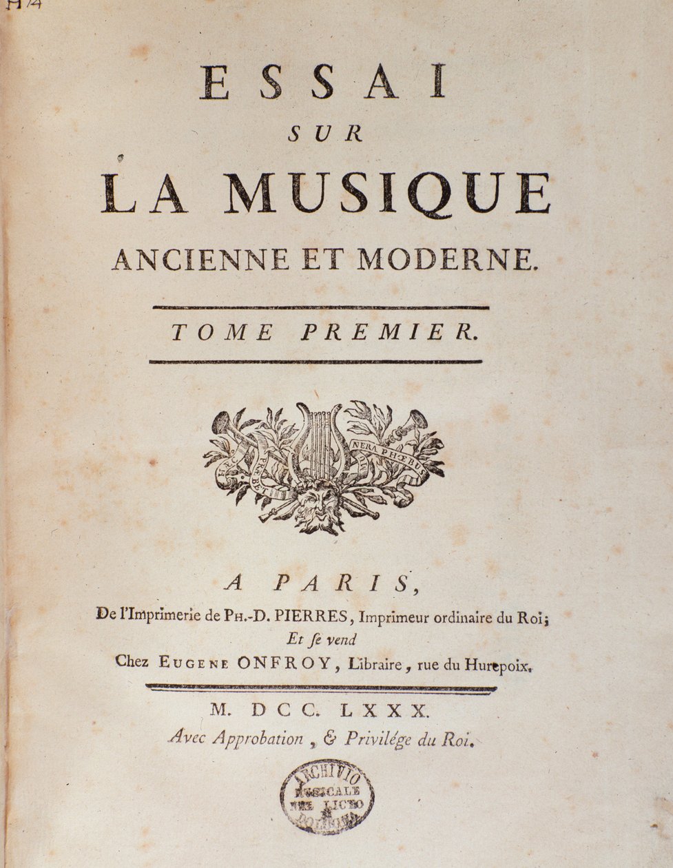 Frontespizio di Essay sur la musique ancienne et moderne di Jean Benjamin de Laborde (Jean-Benjamin de La Borde) (1734-1794) 1780 Bologna, museo civico musicale da Unknown artist