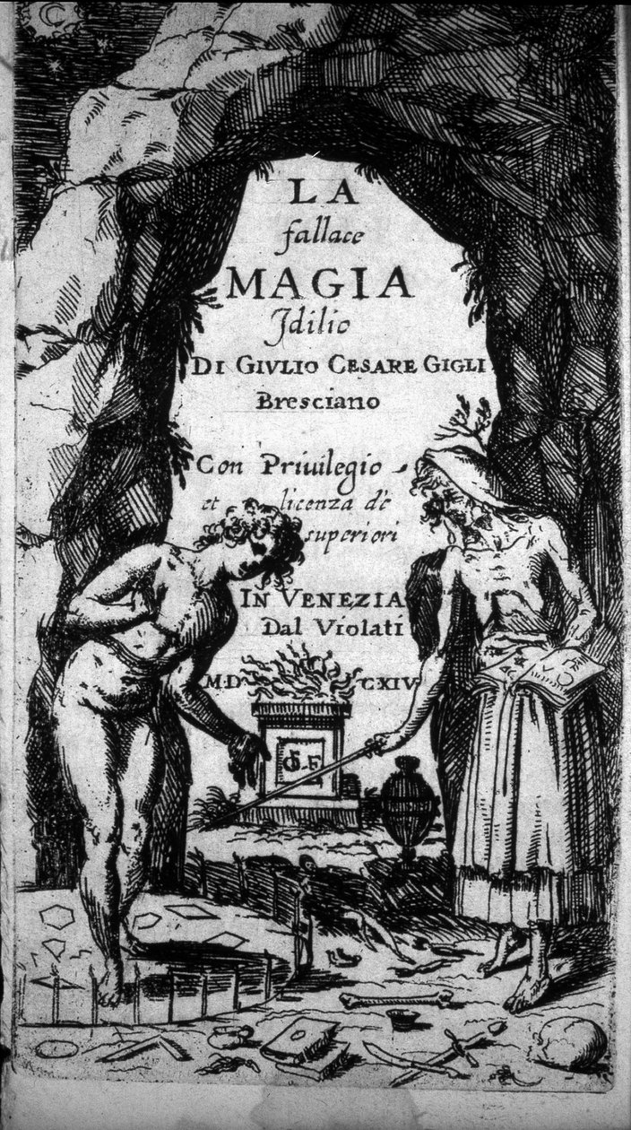 Frontespizio di un libro che raffigura streghe che eseguono riti magici da Unknown artist