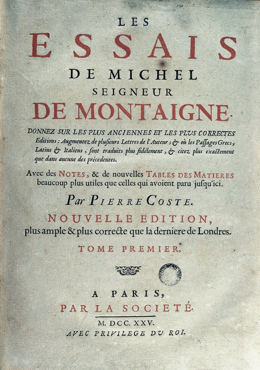 Frontespizio di "Les essais" dello scrittore e umanista francese Michel de Montaigne (1533-1592). 1725 Barcellona. Biblioteca de Catalunya da Unknown artist