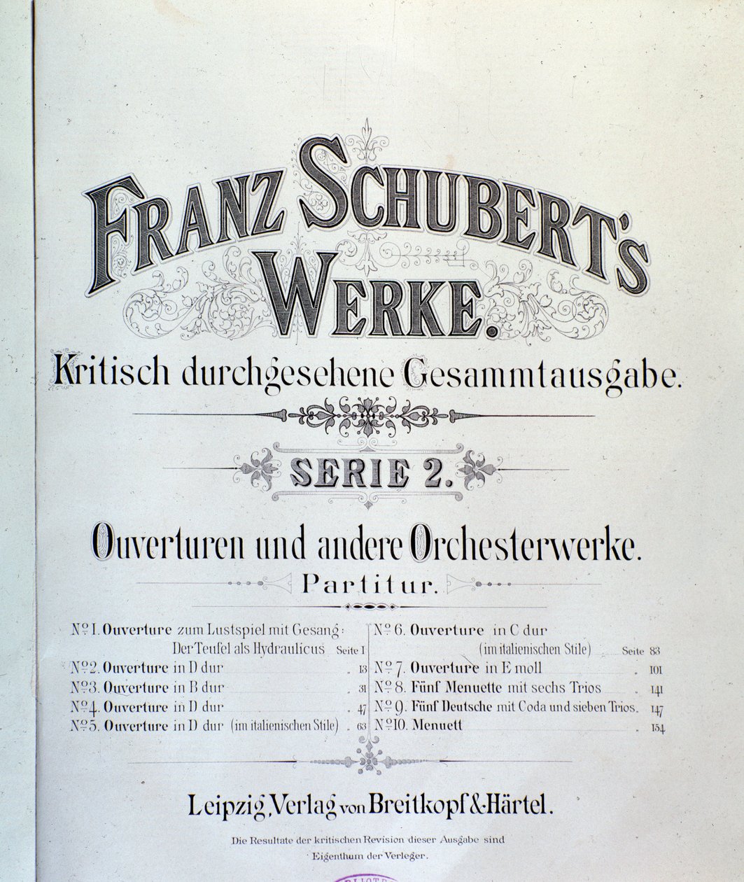 Frontespizio di spartito musicale di varie ouverture di Franz Schubert da Unknown artist