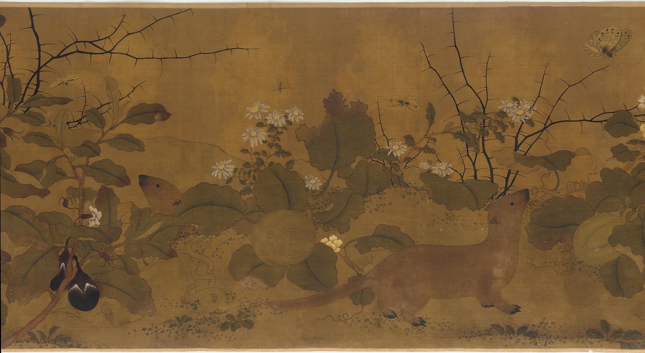 Scena di giardino: meloni, melanzane, fiori e due donnole da Unknown artist