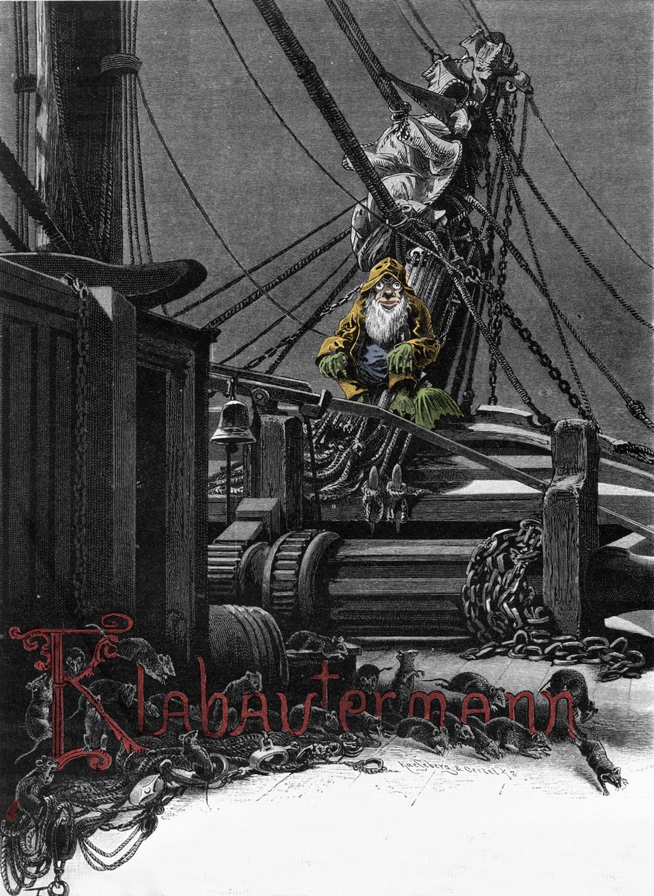 Mitologia germanica: rappresentazione di un Klabautermann sul ponte di una nave, un elfo protettore delle navi in mare. Incisione del XIX secolo da Unknown artist
