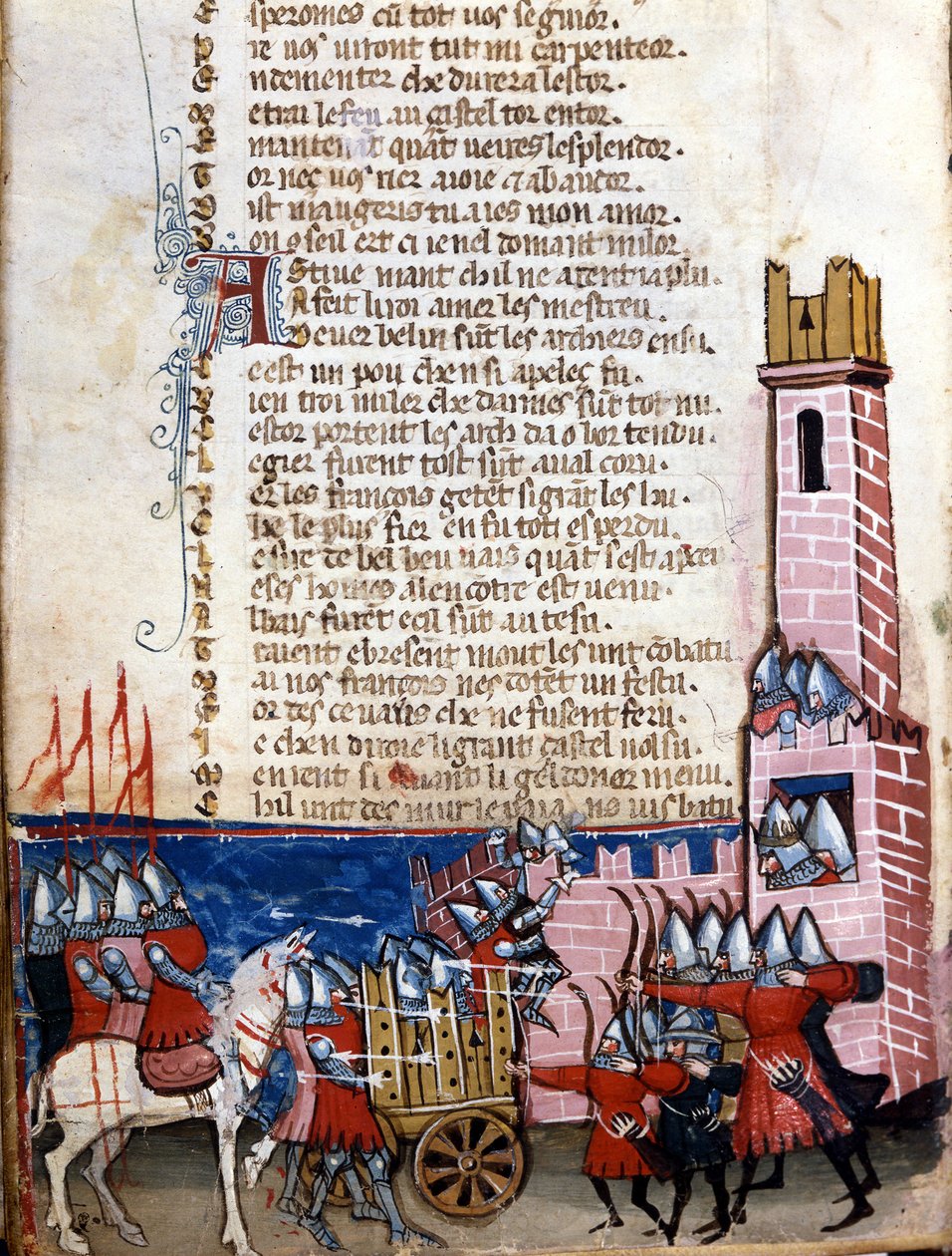 Canzone dei gesti: scena di battaglia vicino a una città fortificata. Le truppe di Carlo Magno (742-814) combatterono contro i Mori di Spagna. Miniatura tratta dal manoscritto franco-italiano "Entrée d
