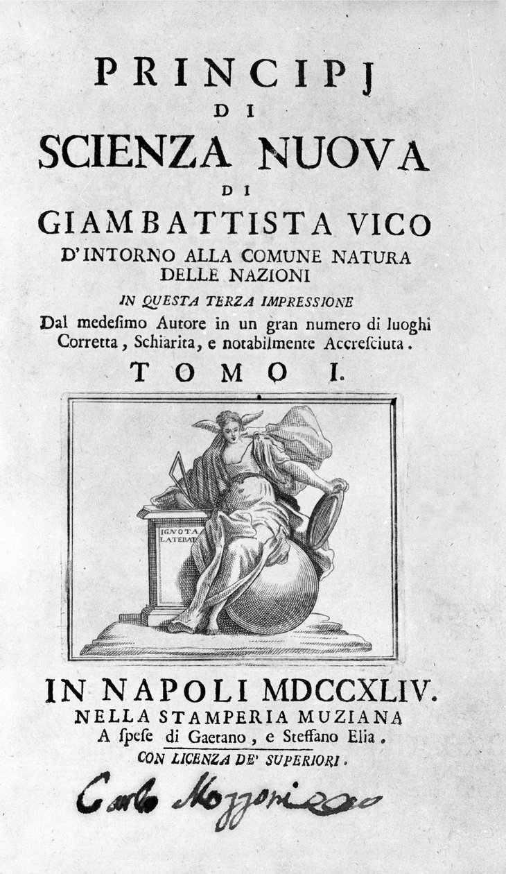 Giambattista Vico. Anche chiamato Giovanni, Gian Battista, Jean Baptiste o Jean-Baptiste. Frontespizio di "La Scienza Nuova" da Unknown artist