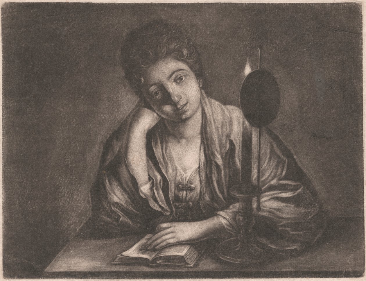 Ragazza che legge alla luce di una candela da Unknown artist