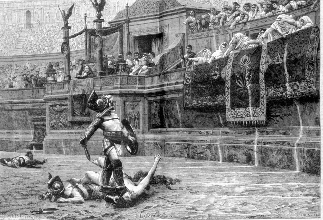 Battaglia di gladiatori in epoca romana dopo il dipinto di J L Gerome da Unknown artist