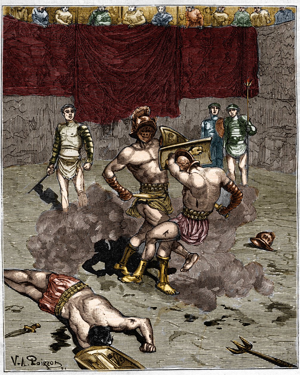 Combattimento di gladiatori. Incisione del XIX secolo da Unknown artist