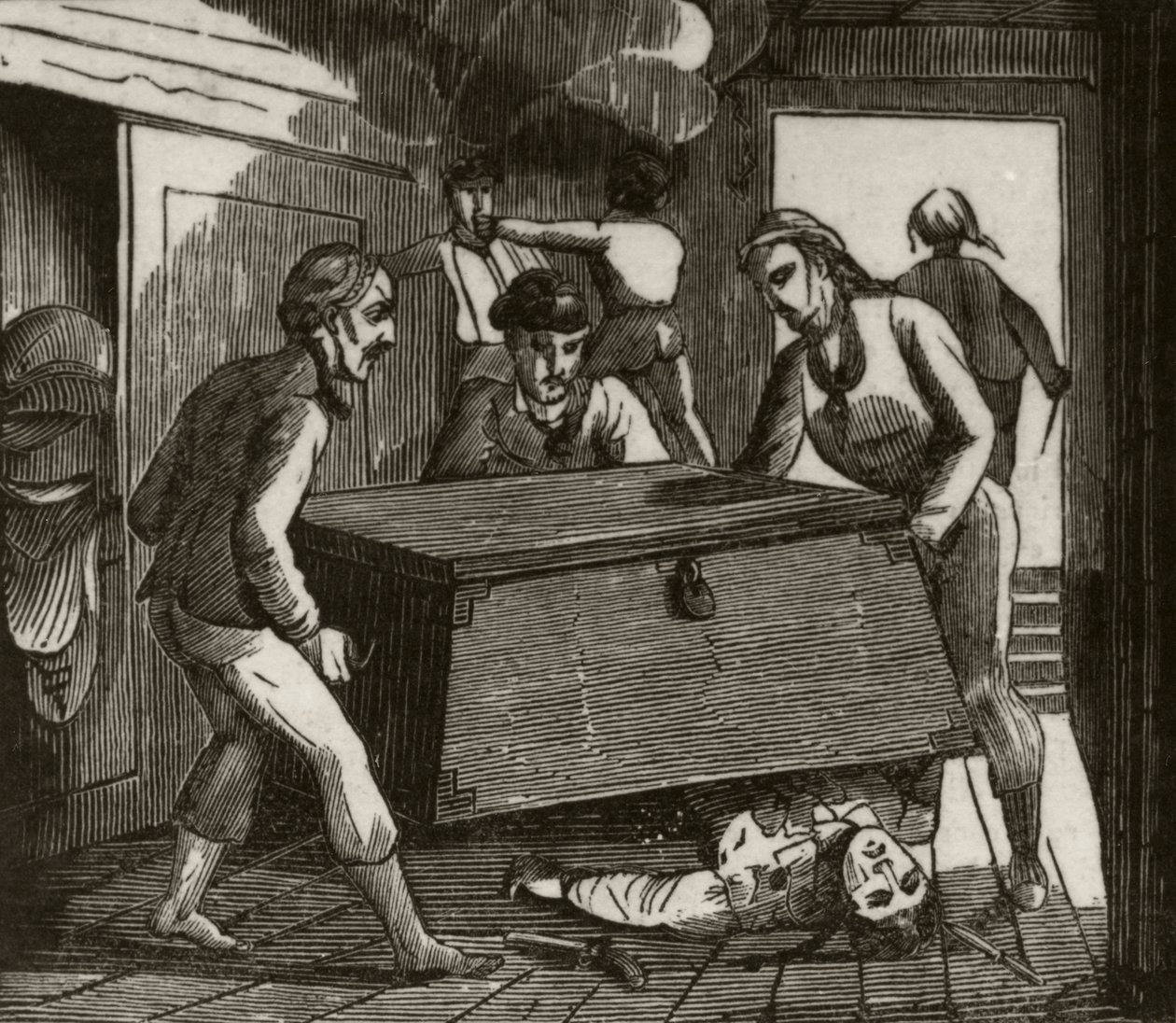 Gordon e i suoi compagni che schiacciano a morte il capitano francese con un grande baule, c.1836 da Unknown artist