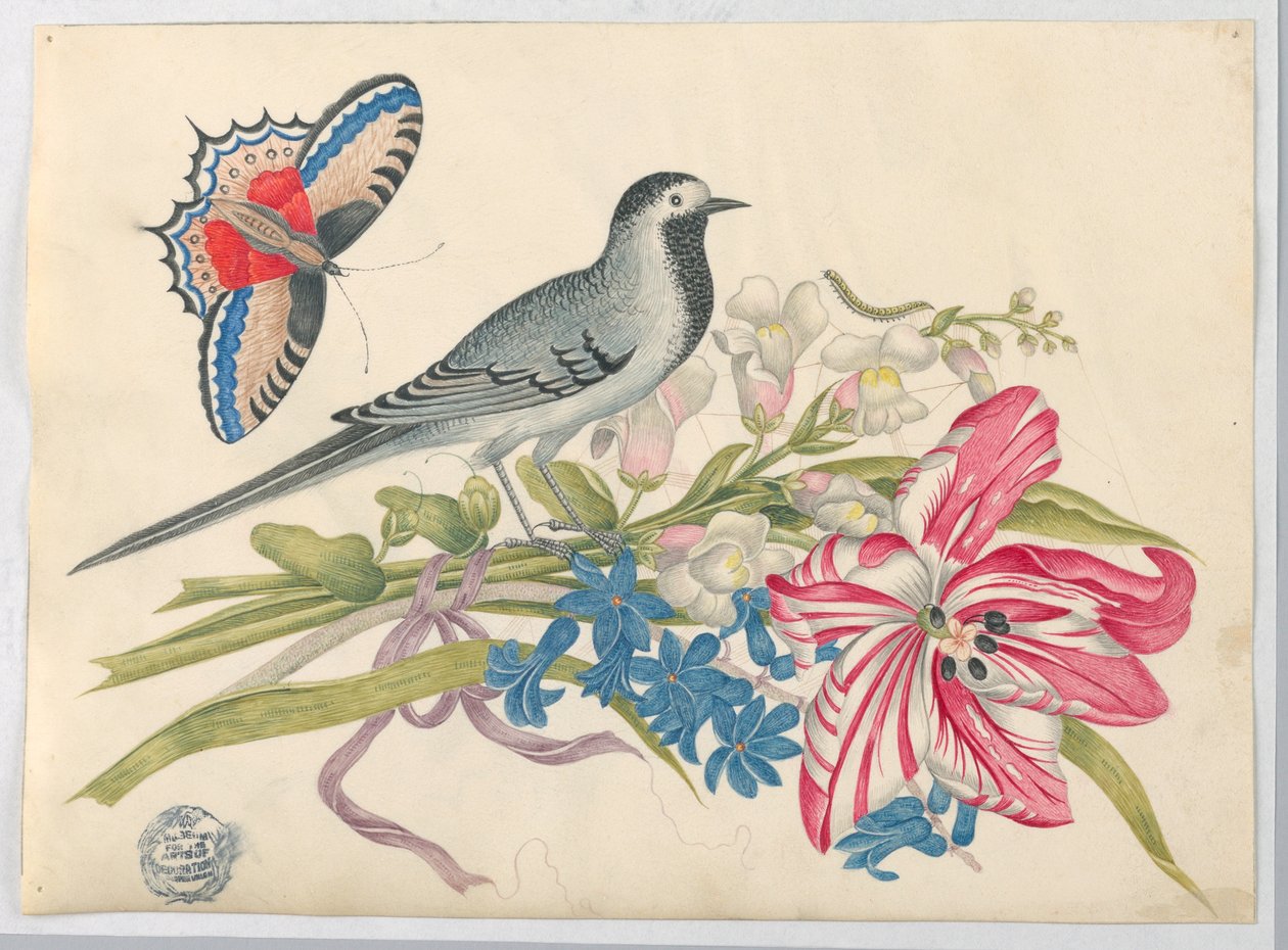 Uccello grigio su un ramo con tulipano, bocche di leone e non ti scordar di me con farfalla da Unknown artist