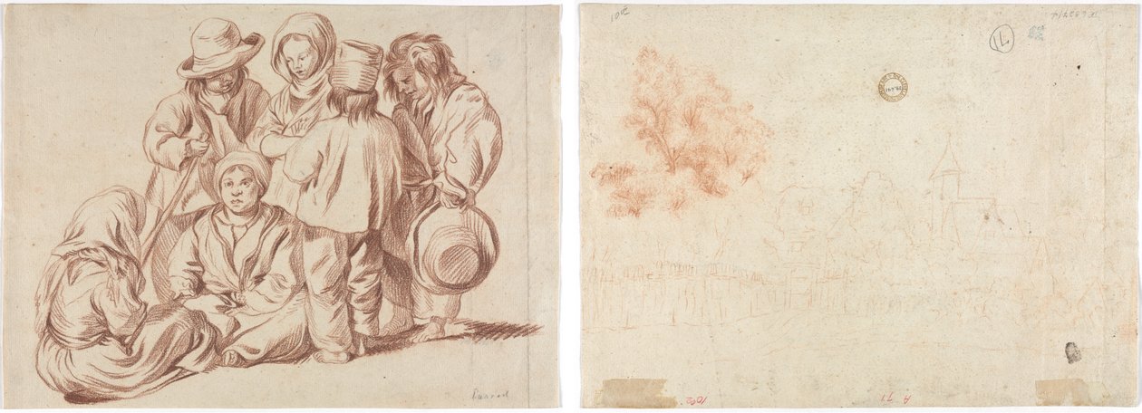 Gruppo di sei bambini (recto); Schizzo di un villaggio (verso) da Unknown artist