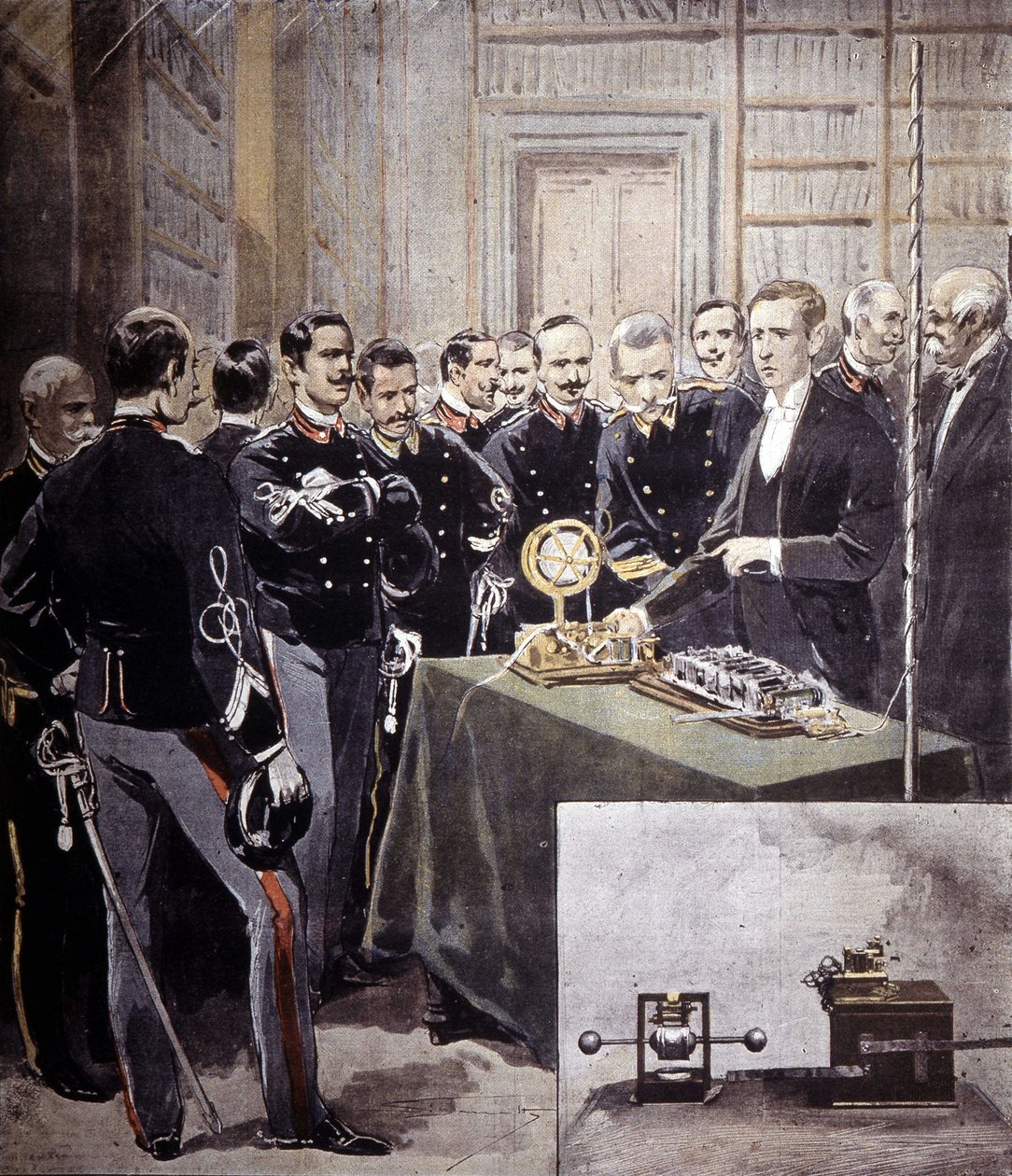 Guglielmo Marconi presenta il telegrafo senza fili (TSF) a una conferenza al Ministero della Marina nel 1897. da Unknown artist