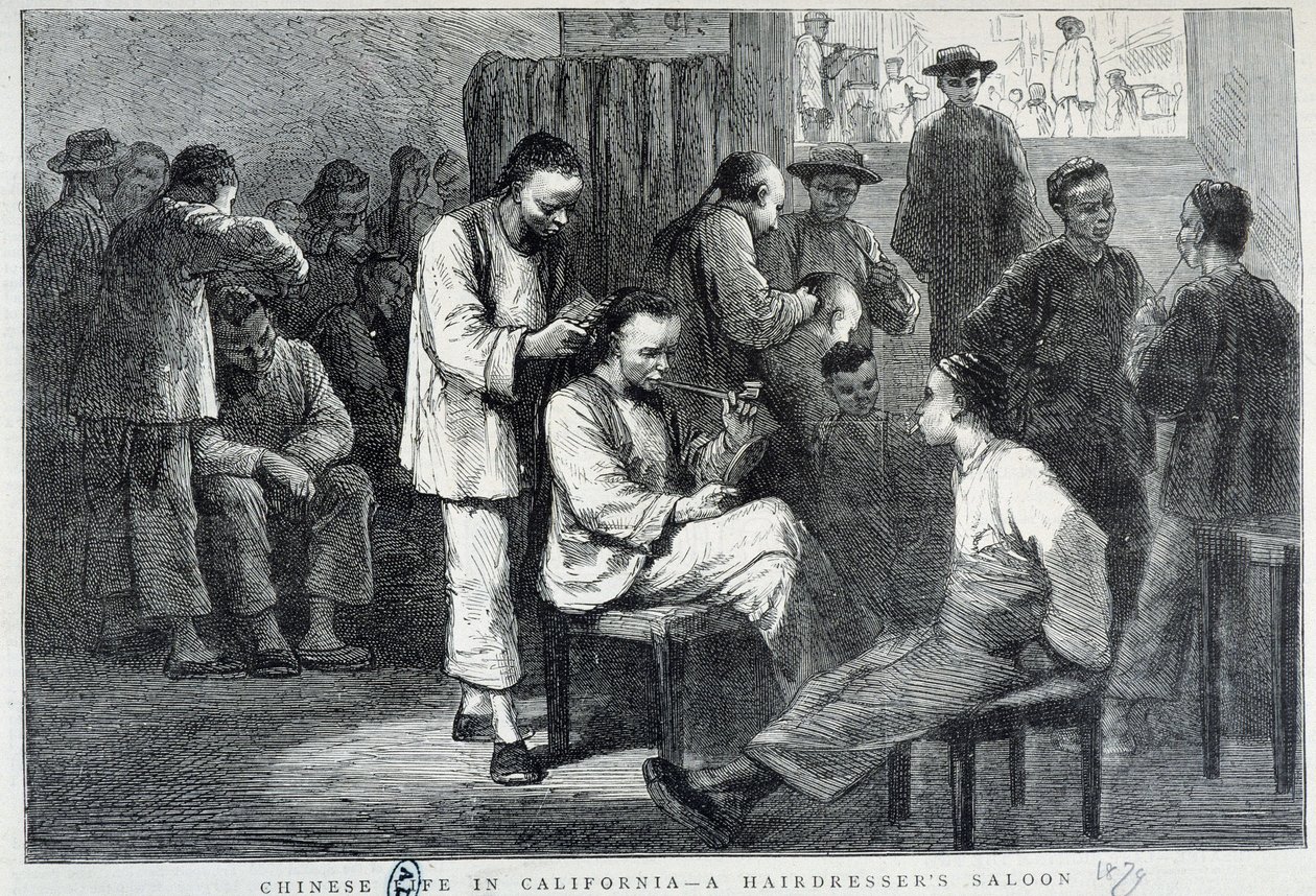 Salone di parrucchiere nella comunità cinese della California - incisione da Unknown artist