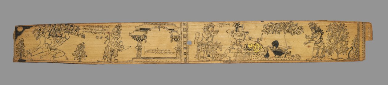 Hanuman porta la montagna delle piante curative; Rama estrae la freccia da Lakshmana mentre Hanuman e un orso si preparano a curarlo (recto), da un romanzo di Chandrabhanu e Lavanyavati di Upendra Bhanja (Indiano, morto nel 1740) da Unknown artist