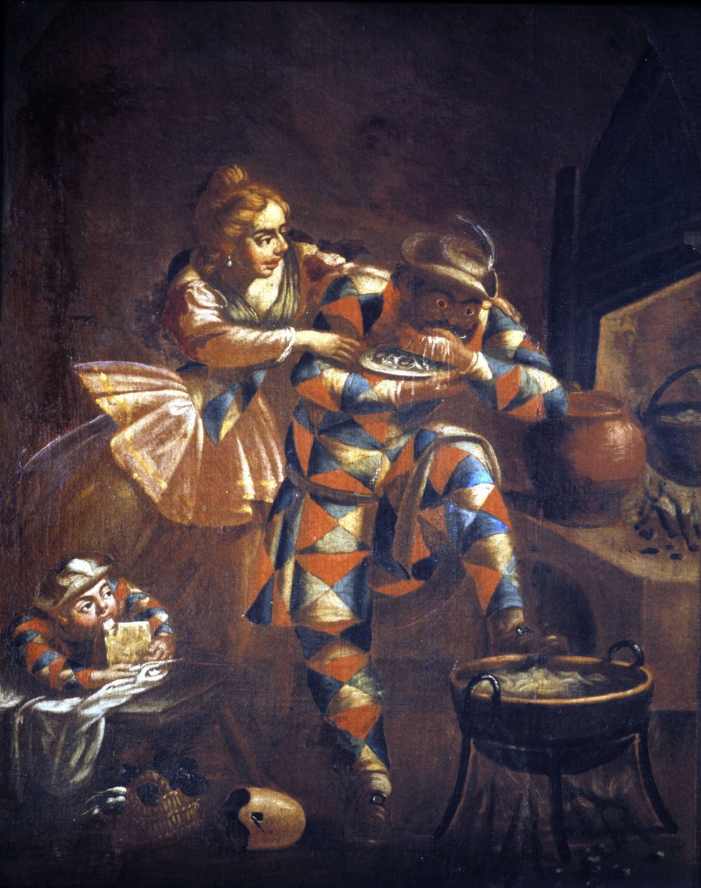 Arlecchino goloso. Cerca sempre di prendere qualcosa da mangiare, simbolo della miseria dei secoli passati. Dipinto del XVIII secolo. Milano da Unknown artist