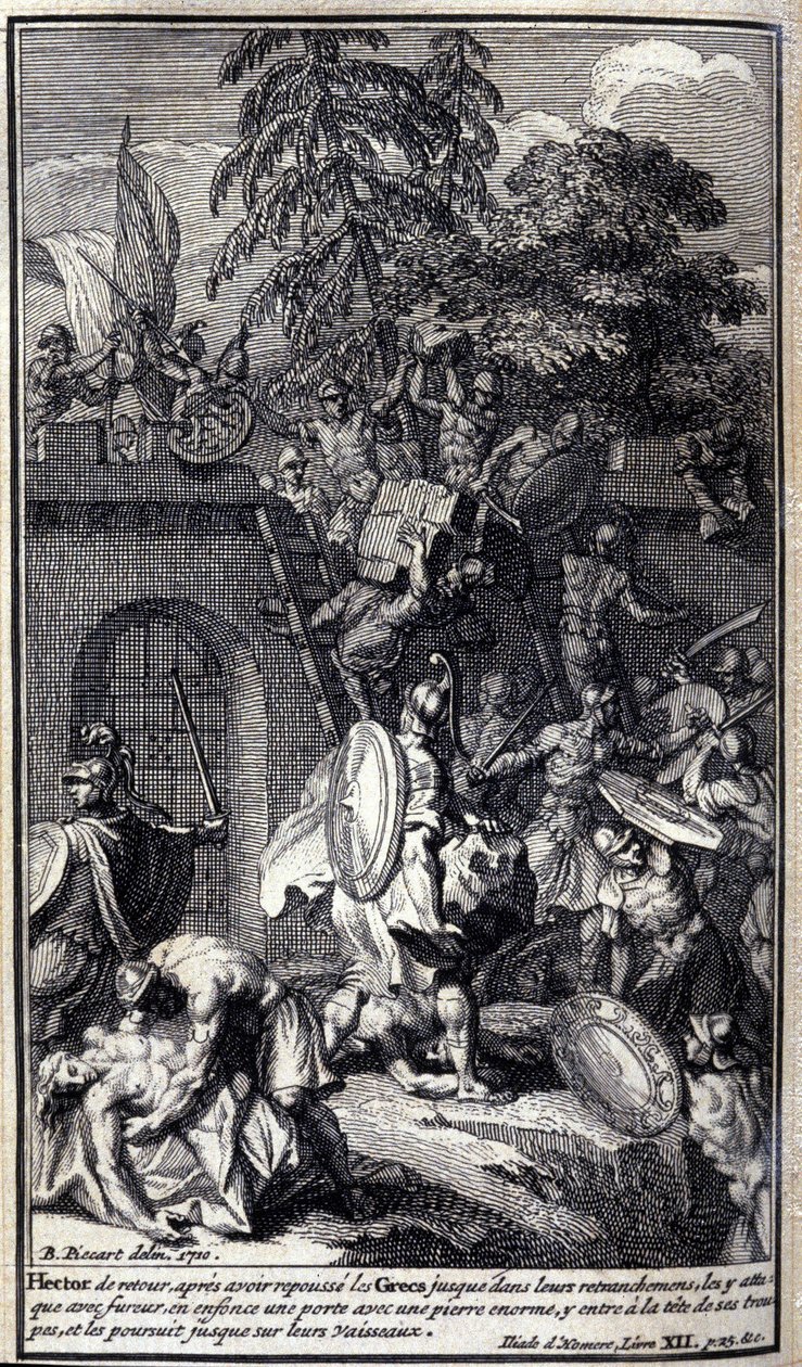 Ettore, tornato dopo aver respinto i Greci nelle loro trincee, li attacca con furia, sfonda una porta con una grande pietra, entra alla testa delle sue truppe e li insegue fino alle loro navi. Illustrazione del libro XII dell