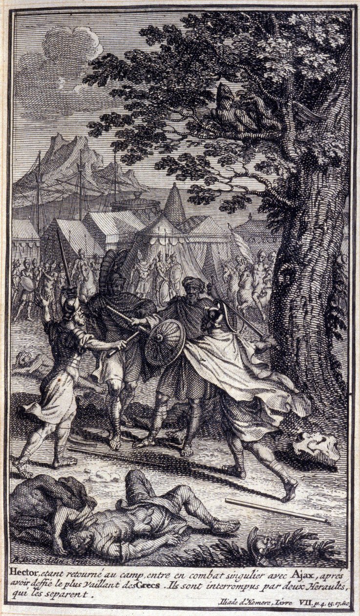 Ettore, tornando al campo, entra in un singolare combattimento con Aiace, dopo aver sfidato il più valoroso dei Greci. Vengono interrotti da due araldi che li separano. Illustrazione del libro VII dell