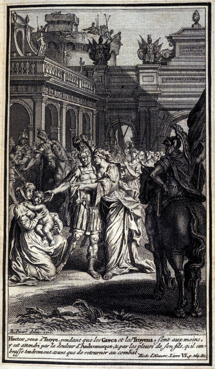 Ettore, che venne a Troia mentre i Greci e i Troiani erano in battaglia, fu afflitto dal dolore di Andromaca e dal pianto di suo figlio, che baciò teneramente prima di tornare in battaglia. Illustrazione del libro VI dell
