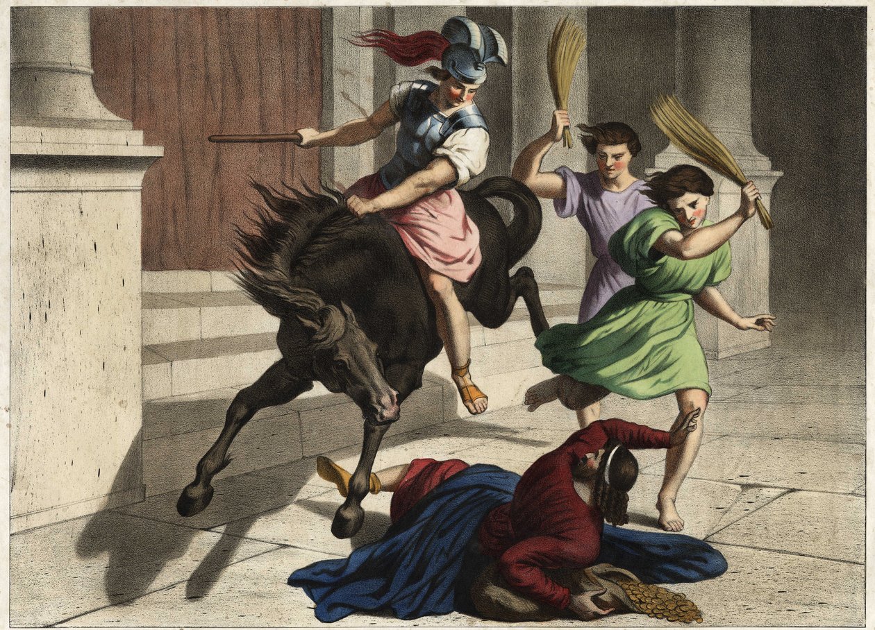 Eliodoro (Heliodoros) fu cacciato dal tempio: su ordine del suo sovrano, tentò senza successo di impossessarsi dei tesori del tempio di Gerusalemme. Incisione anonima della metà del XIX secolo da Unknown artist