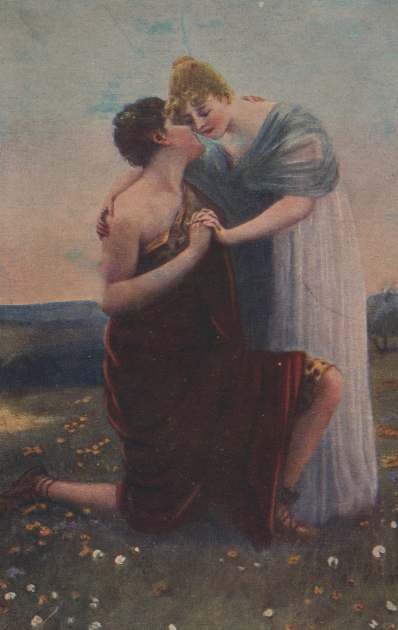 Storica cartolina di auguri con motivo storico, donna e guerriero del Medioevo da Unknown artist