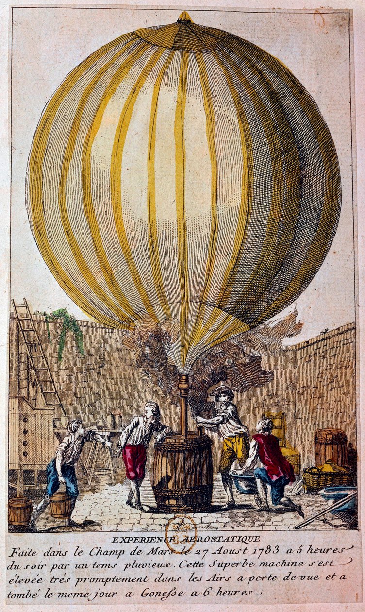 Storia dei palloni aerostatici: esperienza aerostatica effettuata al Campo di Marte a Parigi il 27 agosto 1783: il pallone è riempito di gas idrogeno da Jacques Charles. Incisione del XVIII secolo. Parigi, Biblioteca Nazionale da Unknown artist