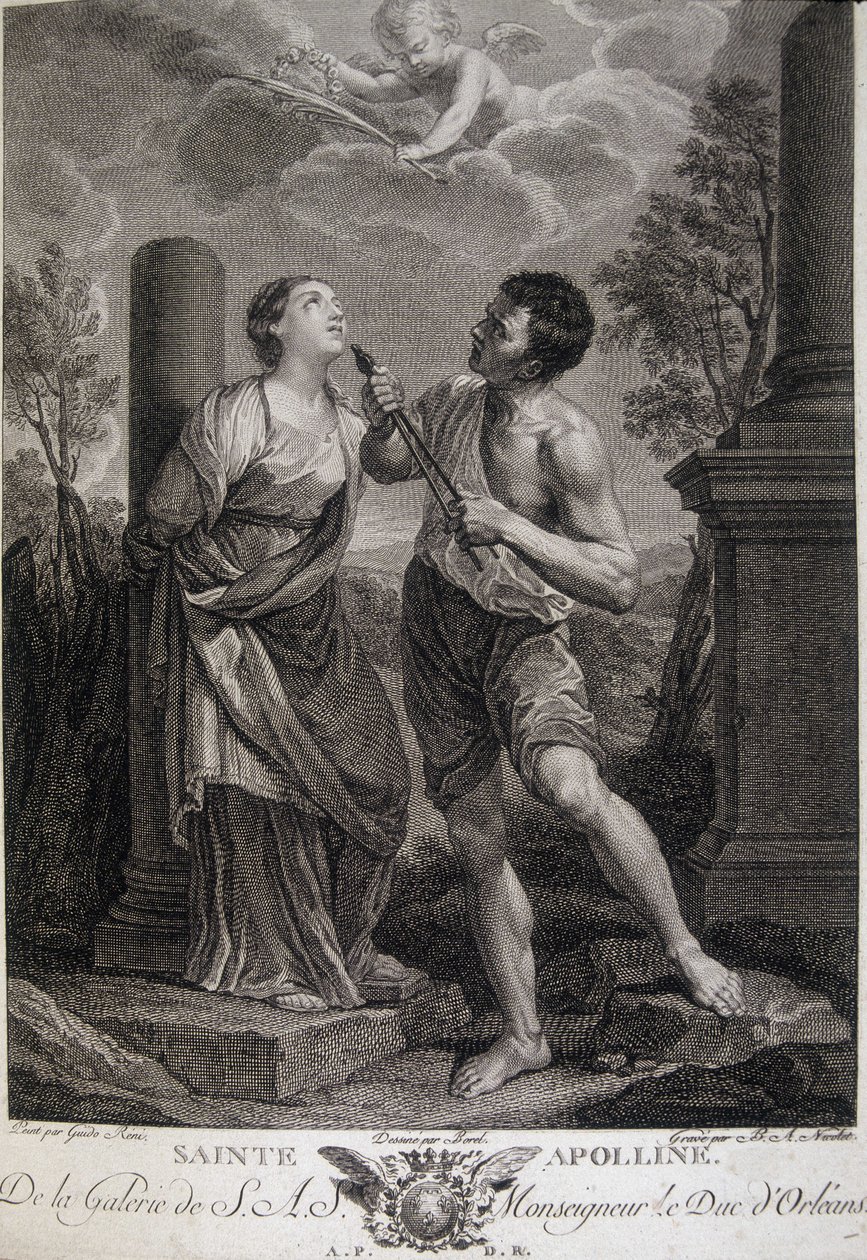Santa Apollonia durante le persecuzioni si fa rompere i denti perché rifiutò di rendere omaggio agli dei romani. Incisione del XVII secolo da Unknown artist