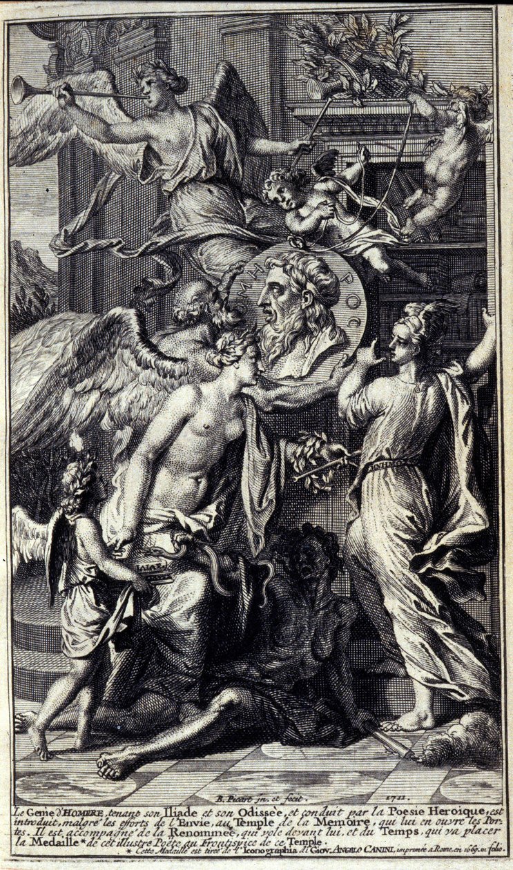 Il genio di Omero, che tiene la sua Iliade e la sua Odissea, e guidato dalla poesia eroica, viene introdotto, nonostante gli sforzi dell