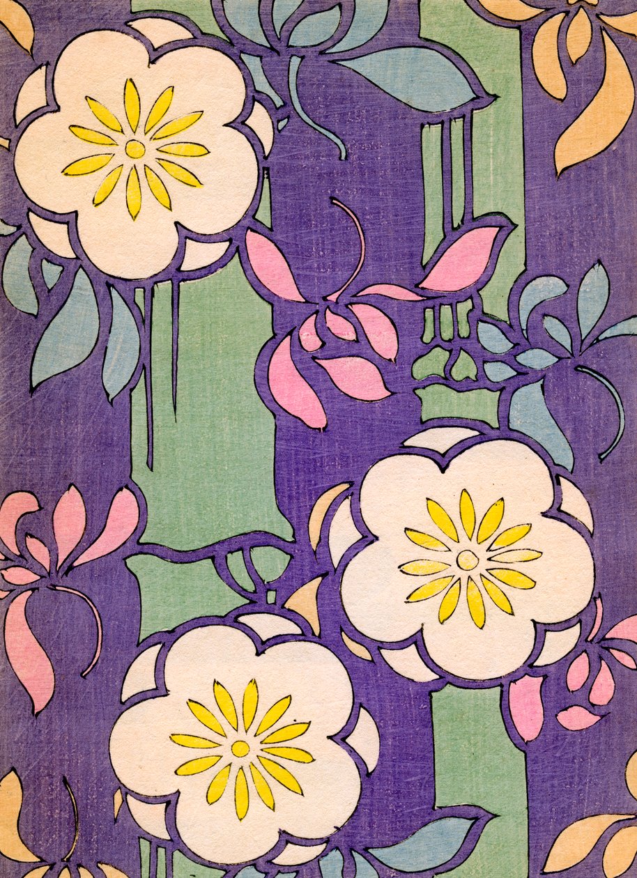 Illustrazione di fiori in fiore su sfondo lavanda e verde da Unknown artist