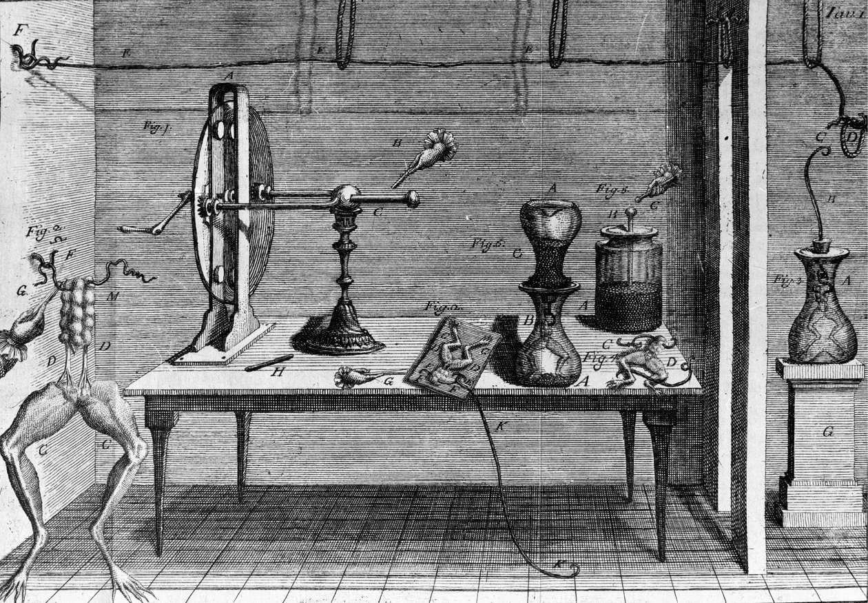 Illustrazione degli esperimenti di Luigi Galvani, fisico e medico italiano (1737 - 1798) che spiegano il passaggio della corrente elettrica che muove le zampe di una rana da Unknown artist