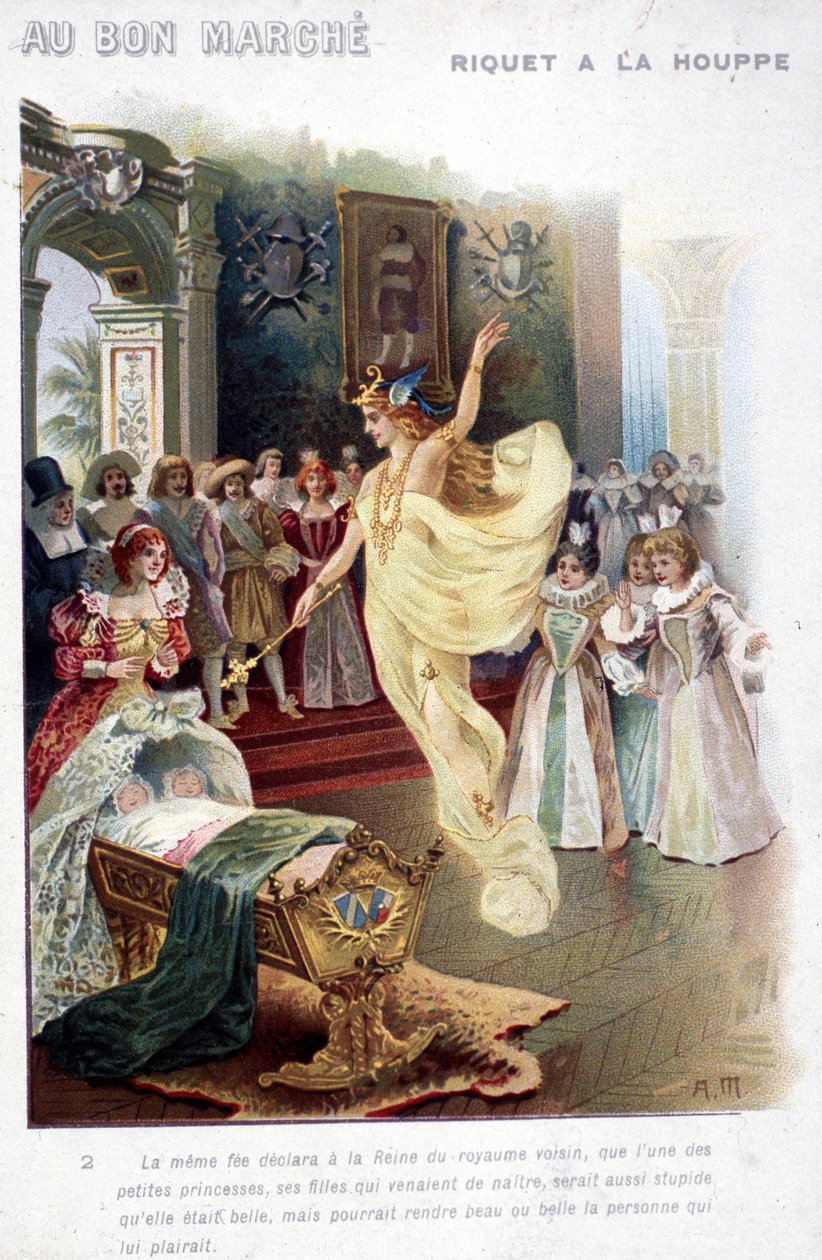 Illustrazione del racconto "Riquet à la houppe" di Charles Perrault (1697): la fata annuncia alla Regina che la principessa appena nata sarà stupida quanto bella. Poster "Au bon marché" del XIX secolo. da Unknown artist