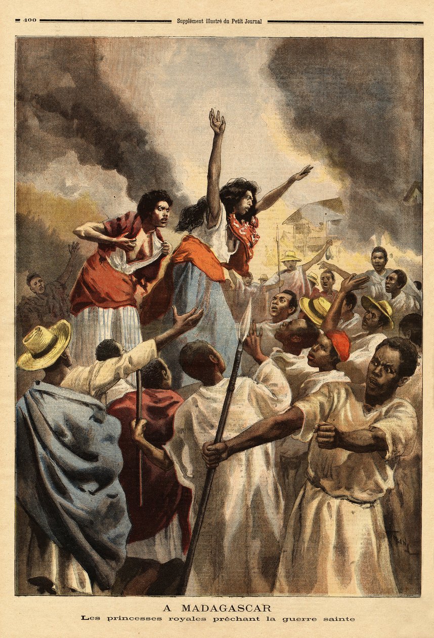 In Madagascar, la principessa reale (sorella e zia della regina) predica la guerra santa contro la Francia. Incisione in "Le petit journal" 9/09/1894. Collezione Selva da Unknown artist