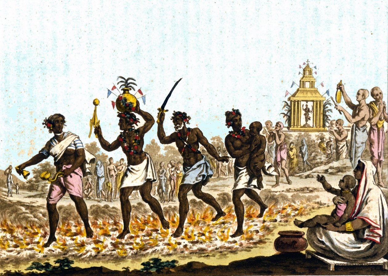 India. Fakiri che camminano su carboni ardenti (incisione del XIX secolo) da Unknown artist