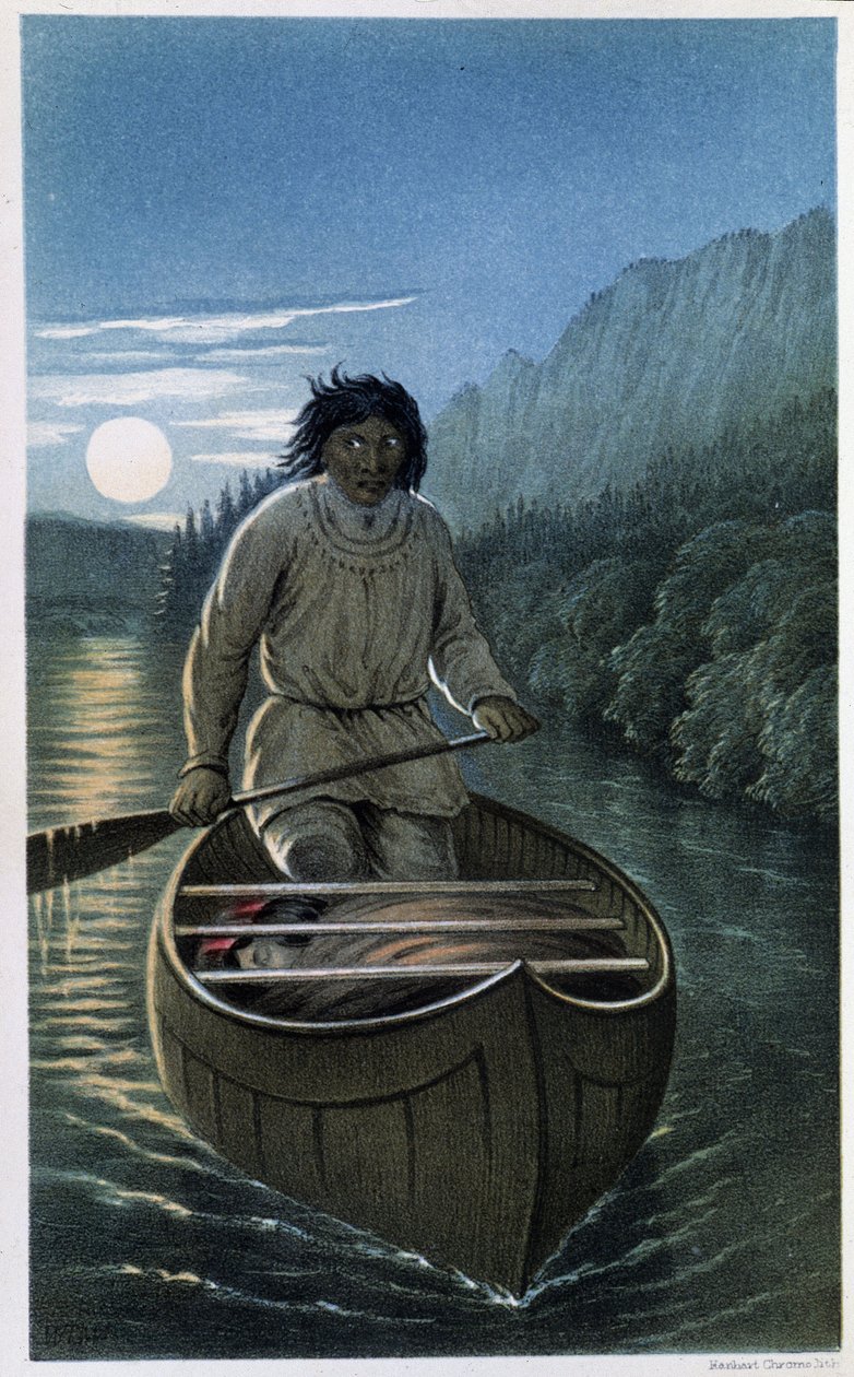 Indiani in canoa in una notte di luna piena - in "Exploration of the Labrador Peninsula", di Hind da Unknown artist